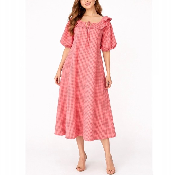 Spell Dresses & Skirts - Spell Strawberry Fields Midi Dress Red Seersucker Cotton Puff Sleeve Small